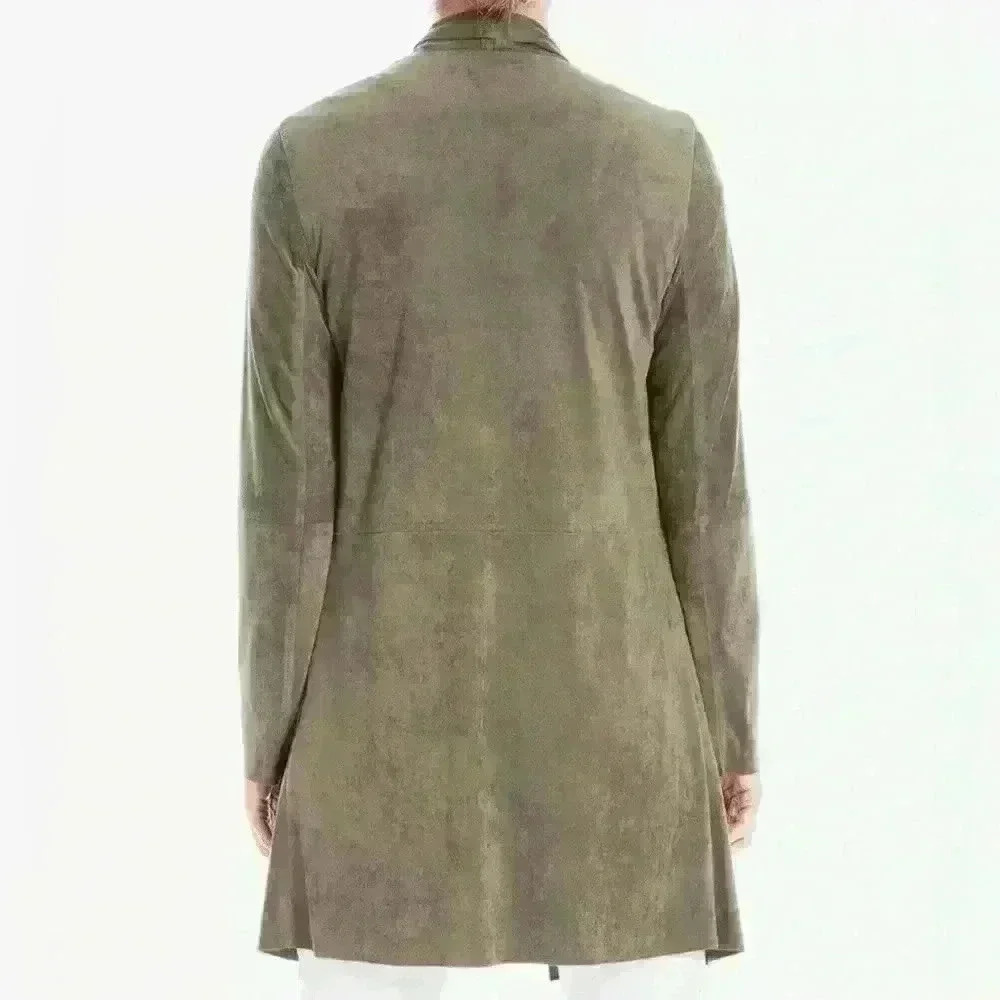 Max Studio Olive Green Faux Suede Coat Size M Faux Leather Weather! - Picture 3 of 9